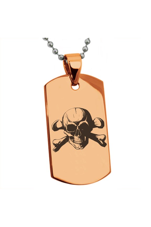 Stainless Steel Iconic Pirate Crossbones Skull Engraved Dog Tag Pendant Necklace