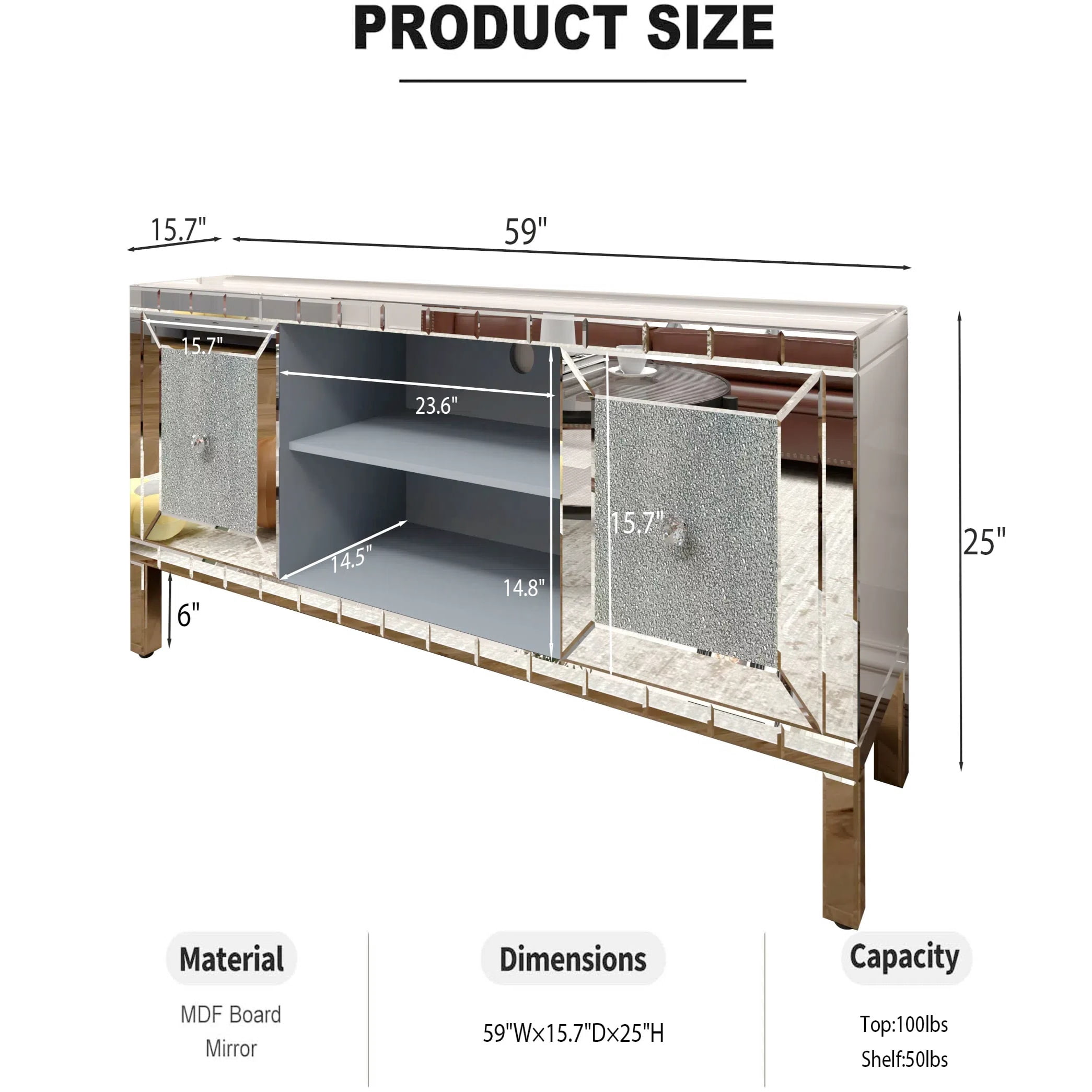 Atumcto Mirrored TV Stand for 65-inch TVs with Adjustable Storage & Crushed Diamond Glass Doors