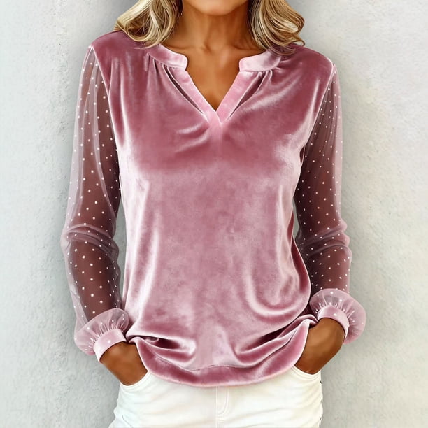 TaTaai Ladies Elegant Velvet Mesh Splice Long Sleeve V Neck Blouse Solid Color Fashion Dressy Top for Office Commute Daily Wear Soft Breathable Stylish Shirt Gift