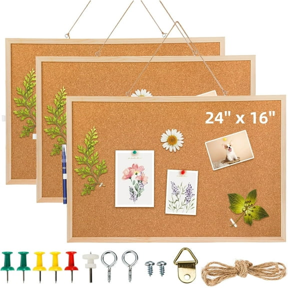 3 Pack Cork Boards for Walls, 24''L x 16''W Large Bulletins Board with Frame, Push Pins, Thick Notice Board for Office School Home Decor, Two-Side Cork