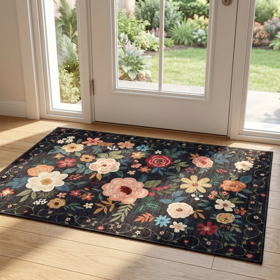 2x3 Rugs for Entryway, Black Floral Indoor Washable Door Mat, Non Slip Boho Small Rug Soft Low Pile Front Door Throw Rug for Entrance Bedroom Kitchen Laundry Bathroom