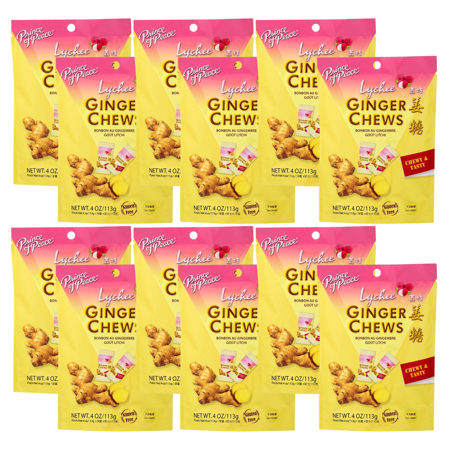 (12) Prince of Peace Ginger Chews Candy Lychee Flavor, Sweet & Spicy Chewy Organic Vegan Candies