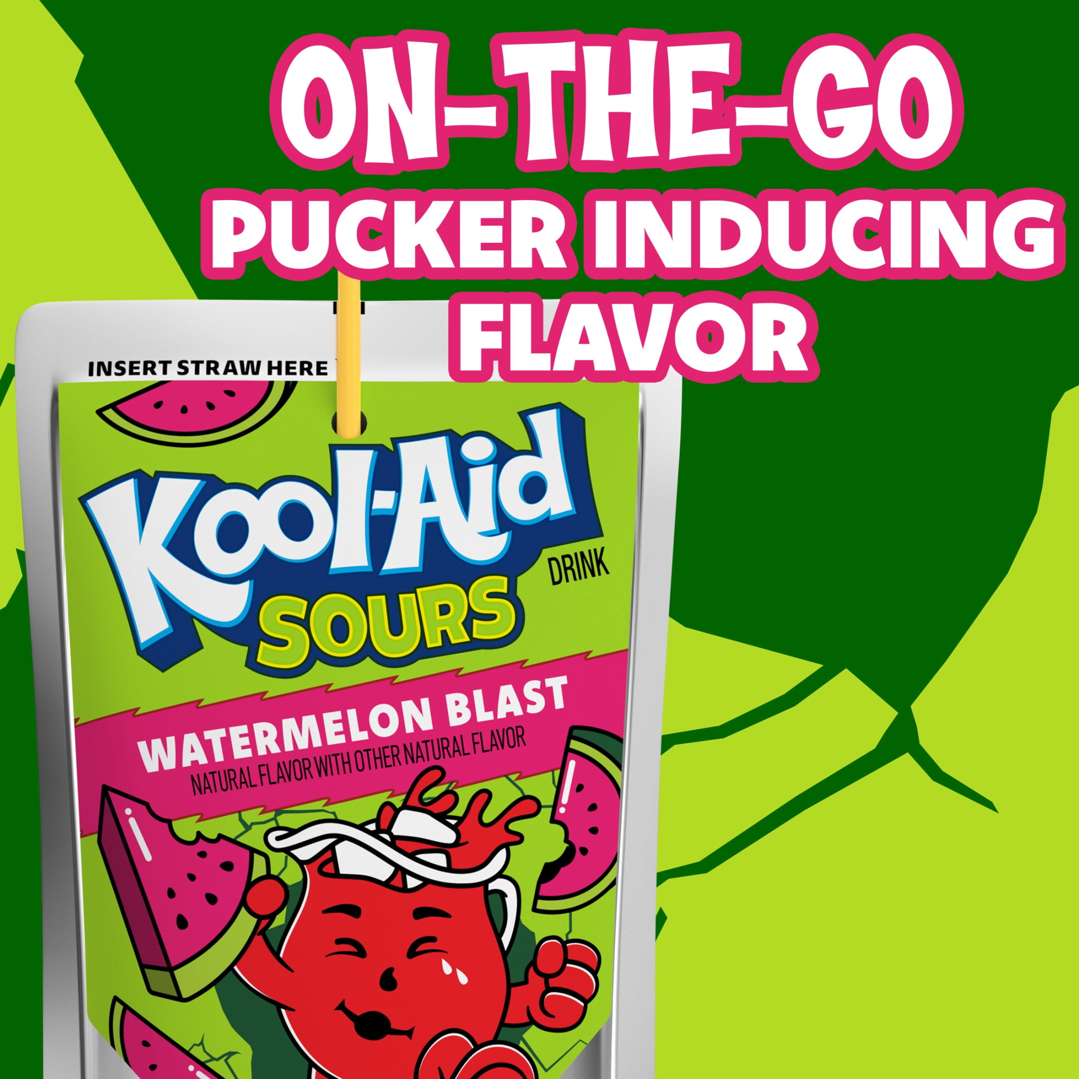 Kool-Aid Sours Natural Flavor with Other Natural Flavor Drink, 10 Pouches, for On-the-Go Hydration, Watermelon Blast, Sour Candy Flavor, No Artificial Dyes, 6 oz