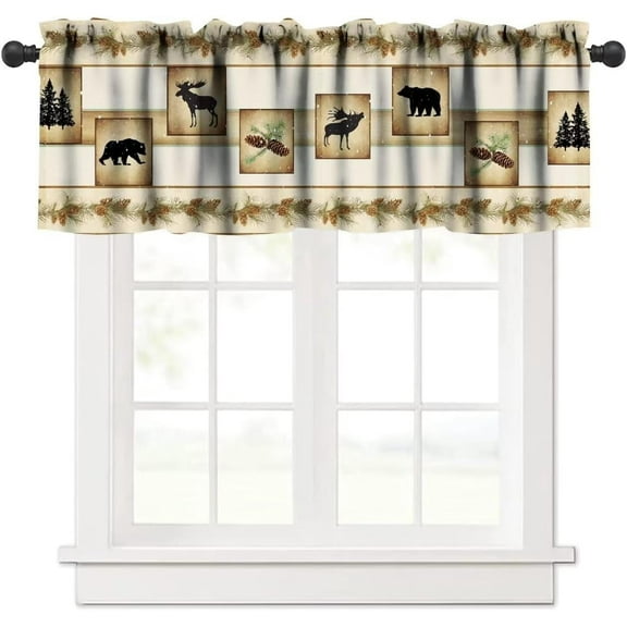 Retro Woodland Valance,Cabin Rustic Lodge Brown Green Pinecone Print Blackout Curtain Valance,Vintage Bear Deer Short Topper Curtain for Bedroom Living Room Kitchen,54x18in