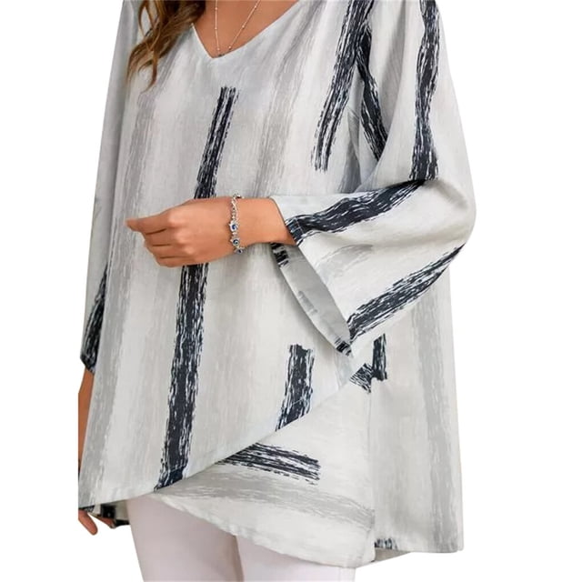 Baohd T-shirt Femme Manches Longues Blouse Ample Automne Col en V Rayé Blanc TG