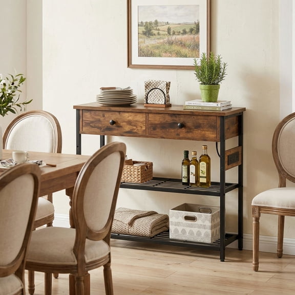 YYAo Console Table, Entryway Table, Console Sofa Table, Display Shelf,Narrow Console Table with 2 Drawers and 2 Metal Mesh Shelves-Rustic Brown