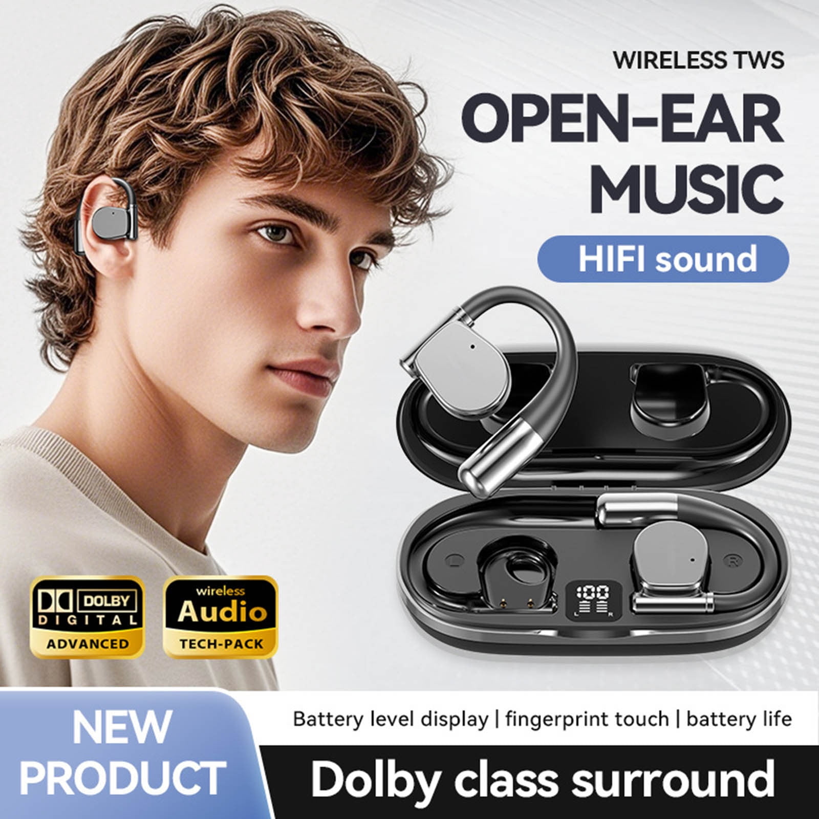 Nkmbld Noise Cancelling Headphones Wireless Bluetooth Earphones Open End Non in Ear HD Call Digital Display Earphones, Black