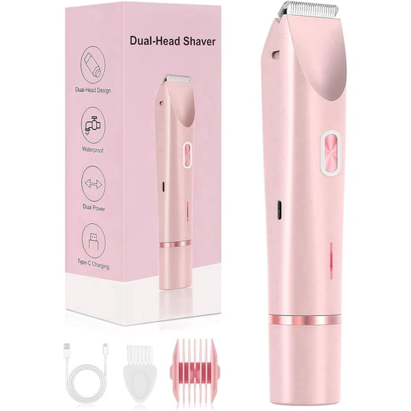 Prozing Bikini Trimmer for Women, 2-in-1 Painless Dual Head Shaver Women with Painless Ceramic Blades, Waterproof Electric Razors for Body & Face(pink)