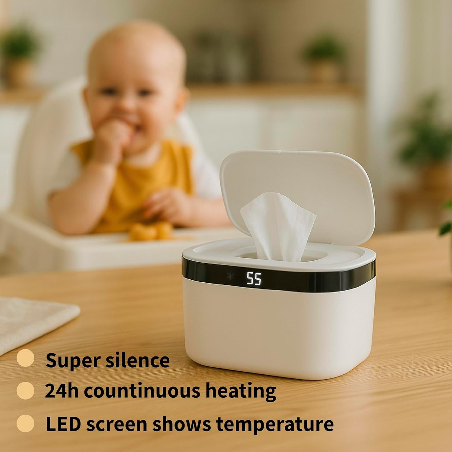 Baby Wipe Warmers, Wet Wipe Warmer for Babies, Wet Wipes Dispenser with Night Light, Fast & Even Heating, 5 Levels of Temperature Adjustment, Temperature Display for Home Car Travel Large Capacity