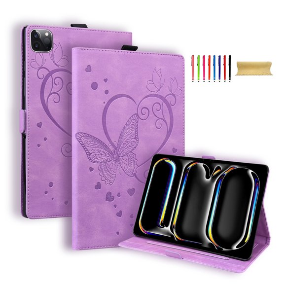 Allytechgroup iPad Pro 11 M4 2024 Case, PU Leather Folio Stand Bumper Anti-Scratch Kickstand Butterfly Embossed Shockproof Slim Fit Pencil Holder Case Cover for Apple iPad Pro 11" 2024, Purple
