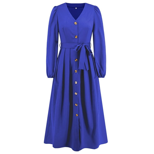 Gibobby Vestido de punto trenzado Vestido ajustado con cinturón y cuello en V de color liso para mujer(Azul,XL)