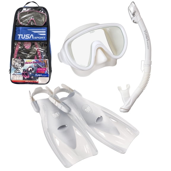 TUSA Sport Adult Serene Mask, Dry Snorkel, and Fins Travel Set, White/White, Medium