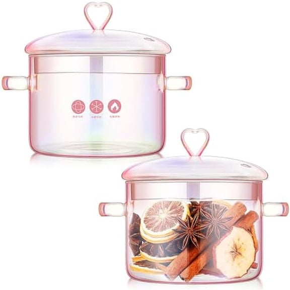2 Pcs Pink Glass Pots Cooking on Stove, 1.5L/50oz Glass Simmer Pot with Heart Shaped Lid and Handle, Clear Saucepan with Cover Heat Resistant Cookware for Soup Pasta Milk