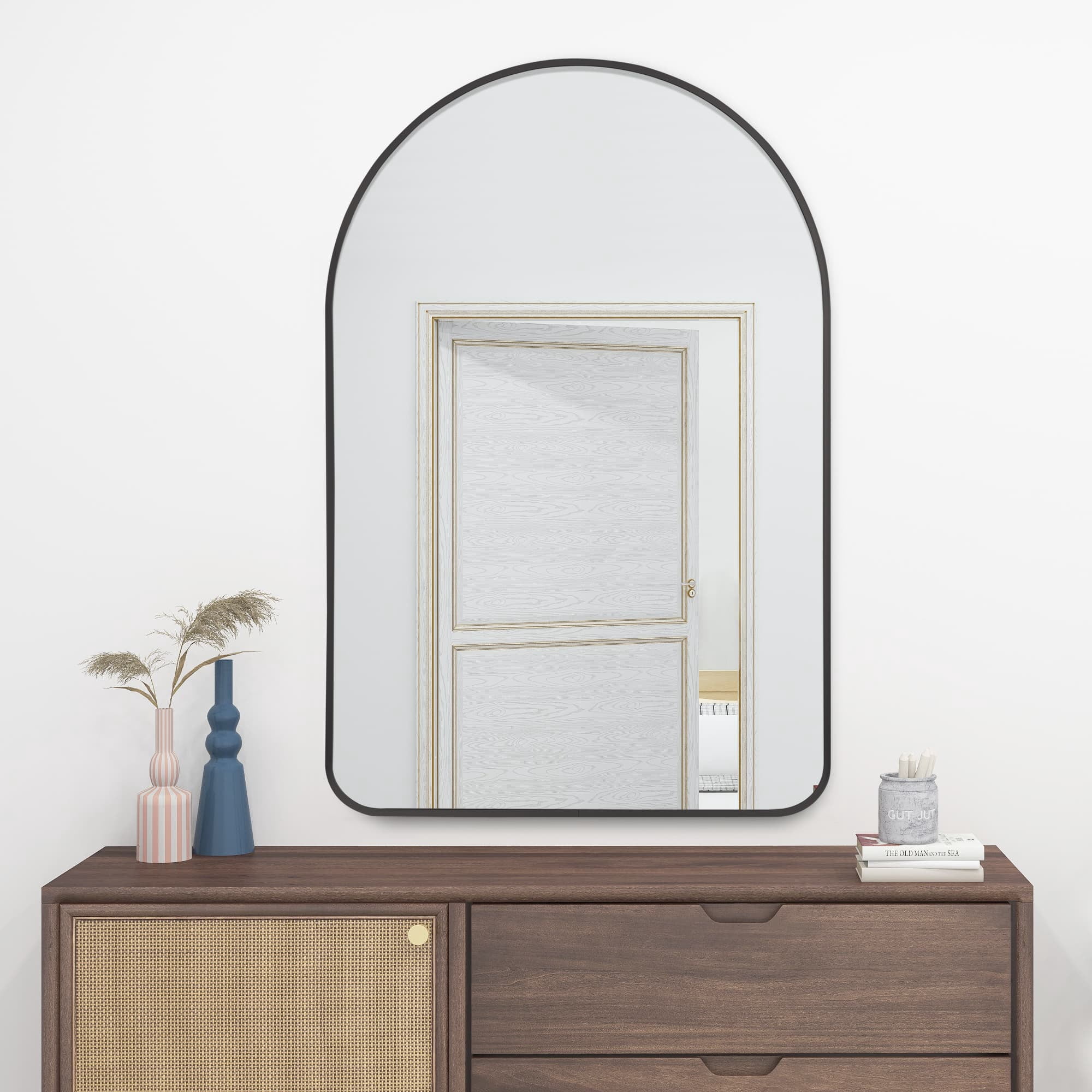 MAYEERTY 36"×24" Black Aluminum Slim-Frame Arched Wall Mirror Rounded Corners, Modern Look for Bathroom or Bedroom