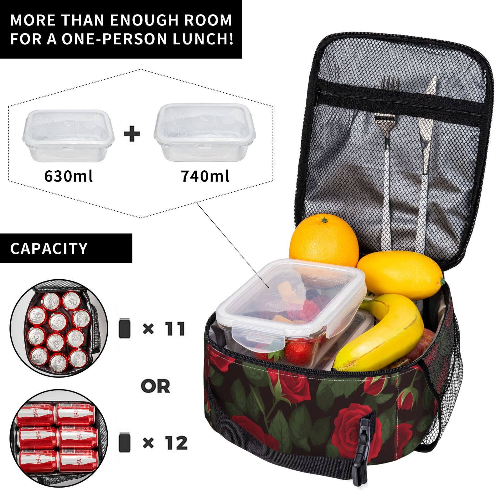 Lunch Bag For Women Men Insulated Portable Lunch Box Bento Box Office Picnic Travel Cooler Bag Red Rose Flower