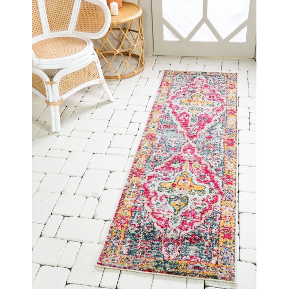 Unique Loom Haring Vita Rug Multi/Gray 2' x 6' 9" Runner Border Bohemian Perfect For Bathroom Hallway Mud Room Laundry Room