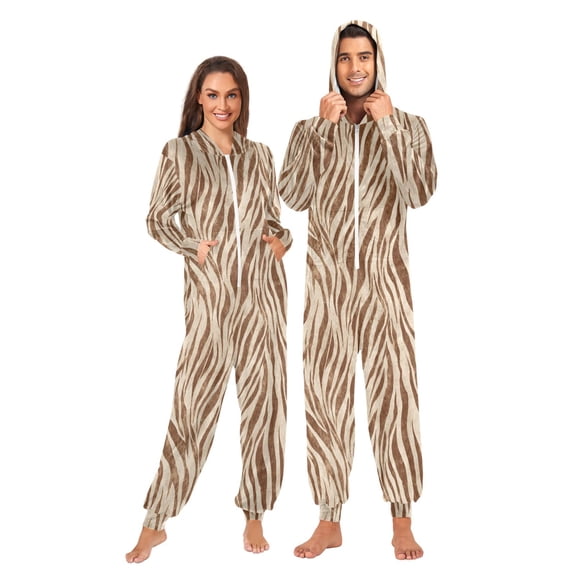 Adult Onesie Pajamas for Women and Men Loose Fit Full-Zip One-Piece Sleepwear with Pockets Brown Animal Stripes X-Small