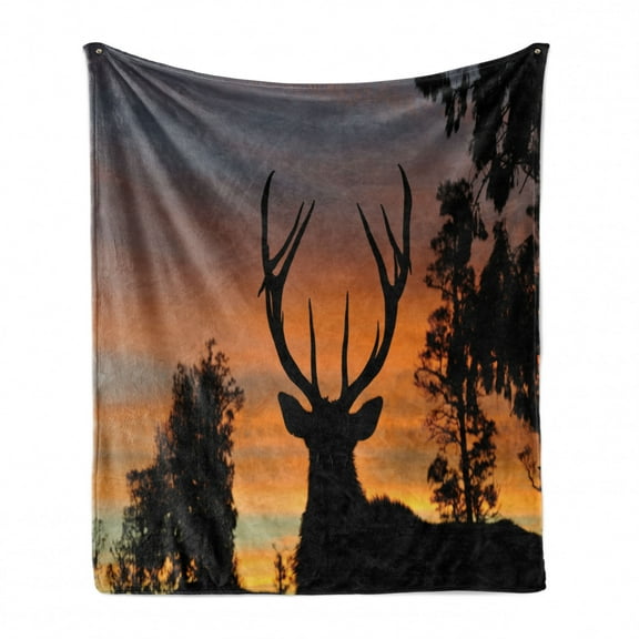 Antlers Soft Flannel Fleece Throw Blanket, Black Deer on Sky Background West Coast South Island New Zealand Nature, Cozy Plush for Indoor and Outdoor Use, 60" x 80", Seal Brown Marigold, by Ambesonne