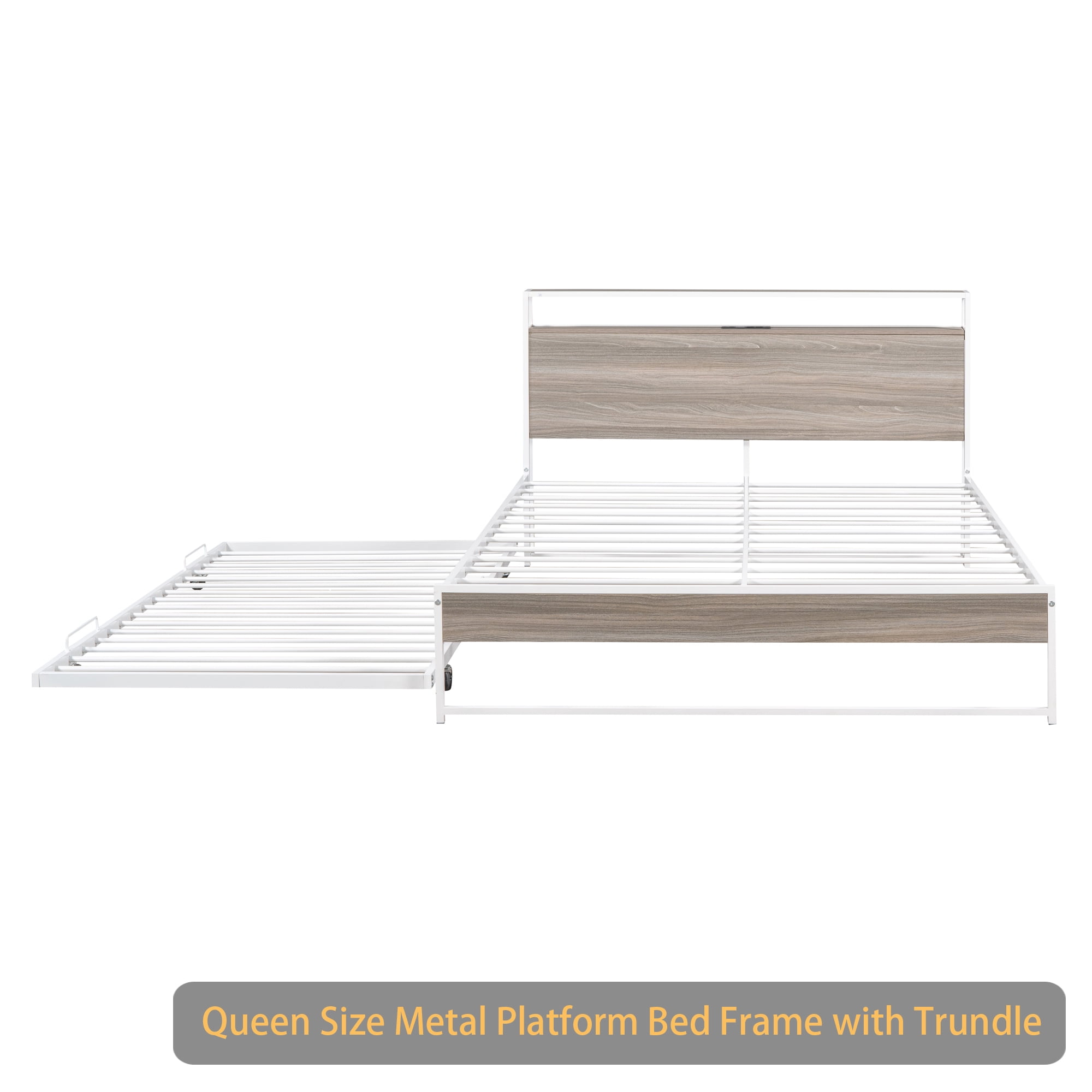 Queen Size Metal Platform Bed Frame with Trundle, USB Ports and Slat Support ,No Box Spring Needed White