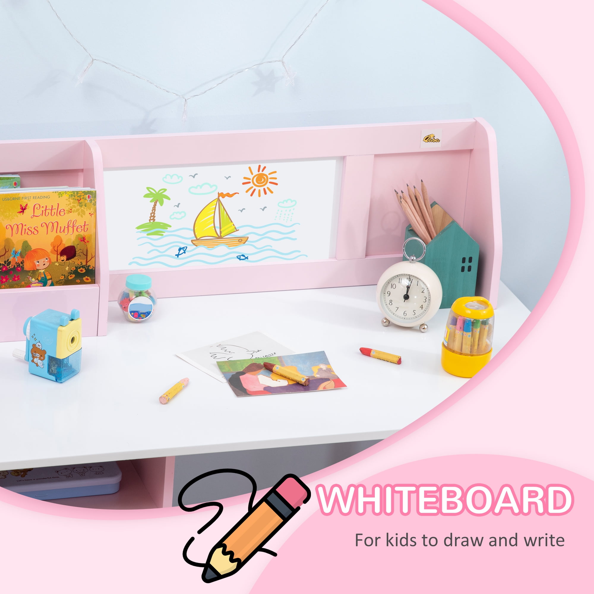 Qaba Toddler Table and Chair Set, with Whiteboard, Kids Writing Desk Homework Table, Pink