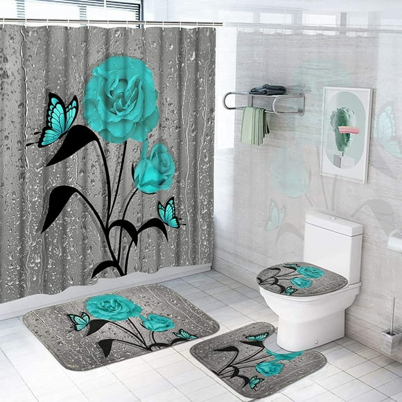 Teal Rose and Butterfly Shower Curtain Sets with Rugs,Toilet Lid Cover and Bath Mat,Blue Rose Shower Curtains with Hooks,Waterproof Polyester Raindrops Shower Curtains for HTOOQ Set