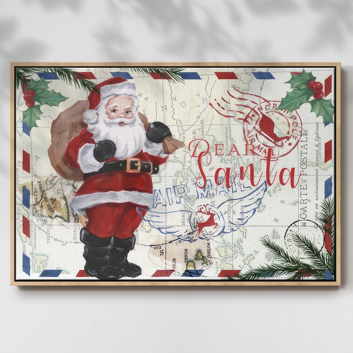 Christmas Par Avion Collection A - Framed Gallery Wrapped Holiday Canvas - 27 x 41 - Natural Wood Frame