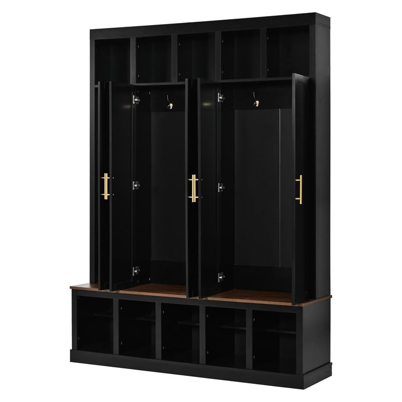 Farmhouse Hall Tree with 5 Doors and Top Storage Compartments, Entryway Coat Rack with Hooks, Mudroom Bench with Shoe Cubbies for Hallway Living Room
