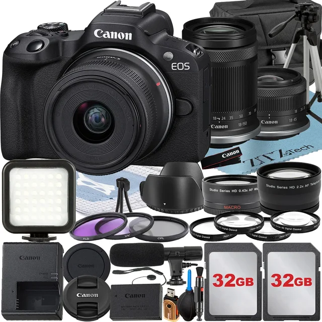 Canon EOS R50 Mirrorless Camera with RF-S 18-45mm + 18-150mm Lens + 2 Pack 32GB Memory Card + Case + ZeeTech Accessory
