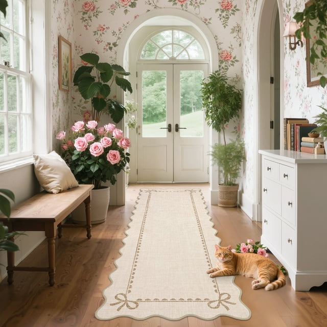 GlowSol 2'x6' Scalloped Bow Border Area Rug, Modern Solid Washable Rug with Non Slip TPR Backing, Stain Resistant Low Pile Indoor Carpet Mat for Bedroom Hallway Nursery Decor, Beige