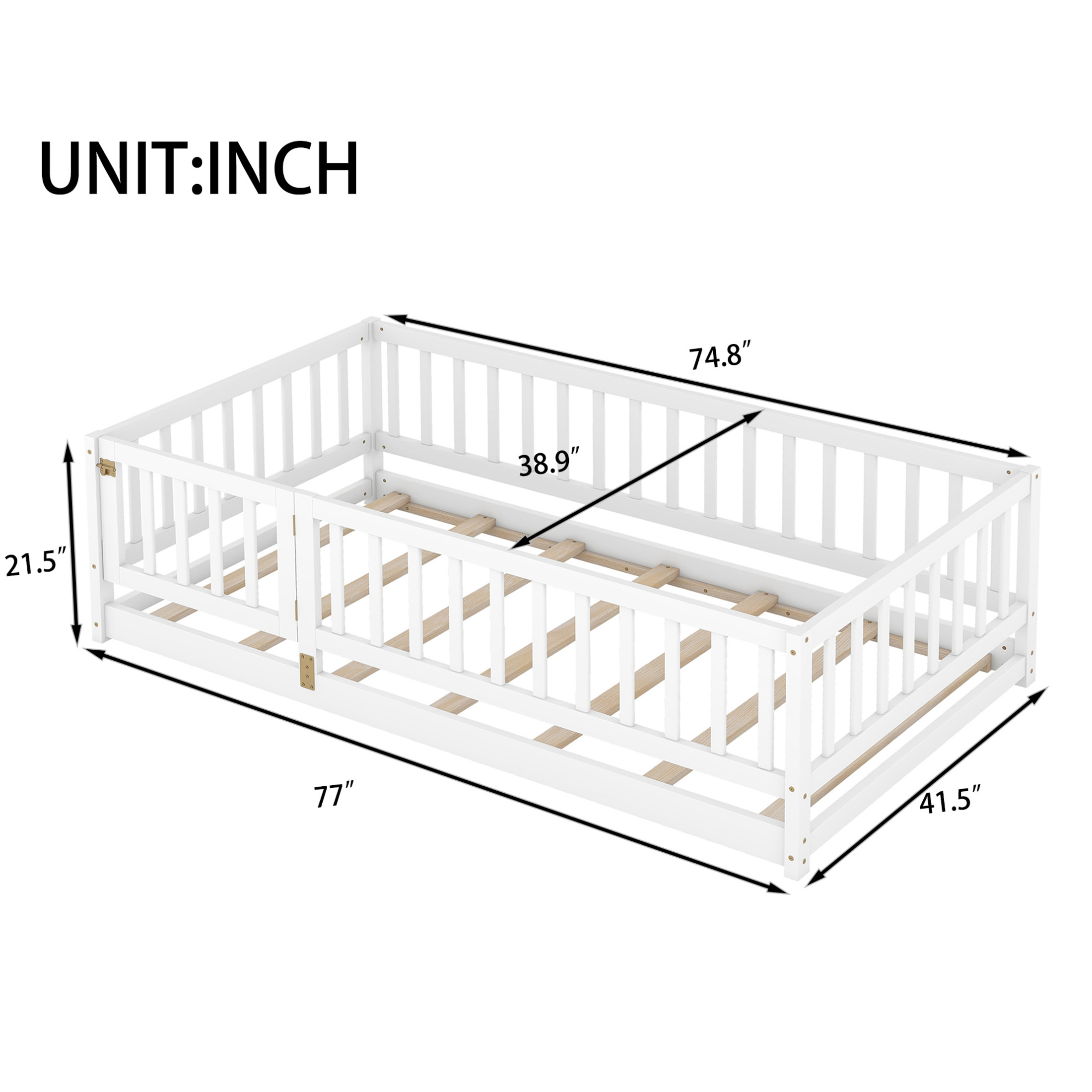 Noble House Auburn 77" Twin Montessori Floor Bed with Fence and Gate, Wood Bed Frame with Slats for Kids, White