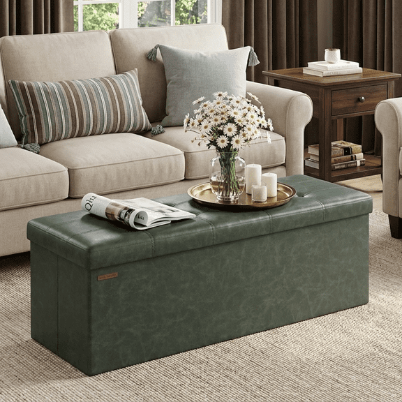 LEDREM 43" Foldable Storage Ottoman Bench, 660lb Capacity, Multifunctional Footrest Stool, Quick Assembly, Synthetic Leather, Forest Green
