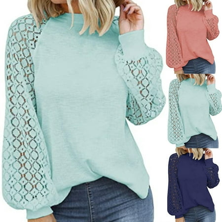 

Yinreli Lace Patchwork Casual Blouse Long Sleeve Simple O-Neck Hollow Out Women Shirt Streetwear