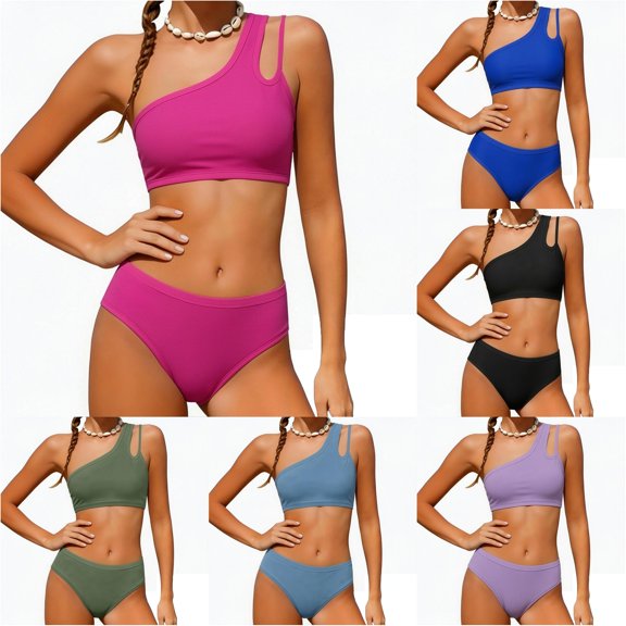 NAFUU Girls Swimwear Two Piece Swimsuits One-Shoulder Bikini Swimsuit Padded Bikini Tops With Bottoms Solid Color Bathing Suit For Girl 11-12 Years