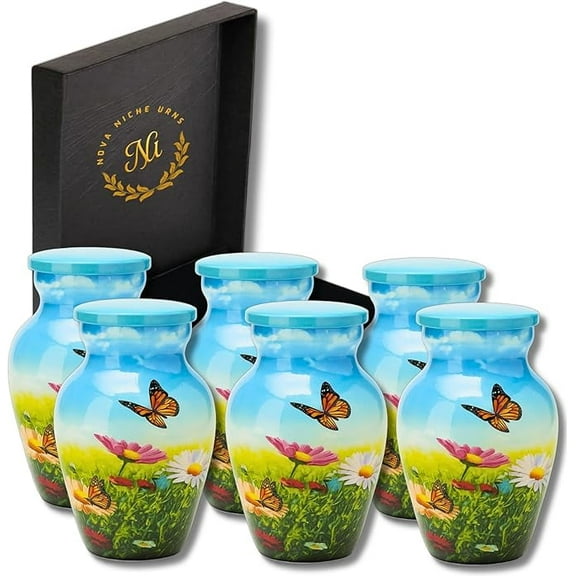Nova Niche Small Butterfly Meadow Design Aluminium Cremation Urns for Human Ashes – Mini Memorial Keepsake Set of 6 with Protection Box