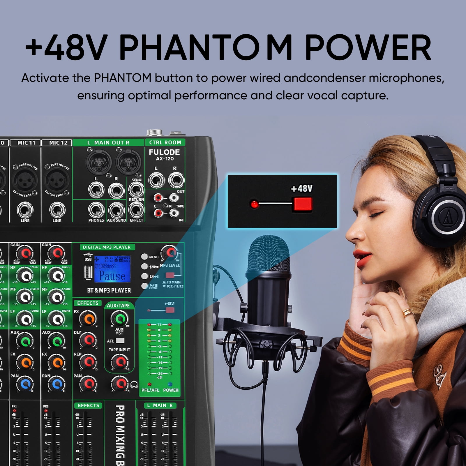 12 Channel Audio Mixer, Professional DJ Mixer Board Sound Music Mixing Console Digital Mixer with Reverb, Bluetooth, USB Port, 48V Phantom Power for Recording Karaoke Podcasting
