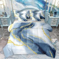 Homewish Marble Pattern 7-Piece Bedding Comforter Set,Fluid Stripe Aesthetic King Bedding Sets,Deepblue Gold Bed Sheets For Girls Teens,Ultra Soft Home Decor Reversible