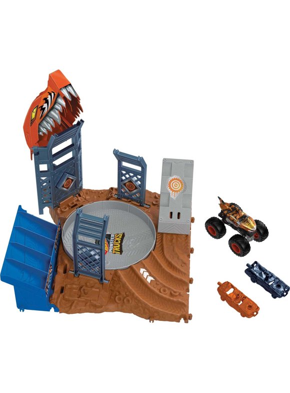 Hot Wheels Monster Trucks Arena Smashers Tiger Shark Spin-Out Challenge with 1 Toy Truck