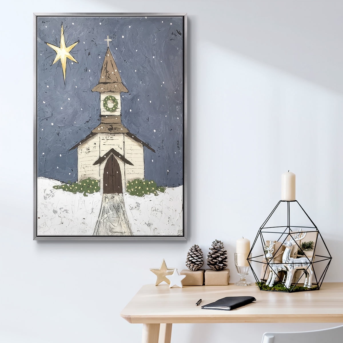 A Silent Night III - Framed Gallery Wrapped Holiday Canvas - 25 x 37 - Silver Frame