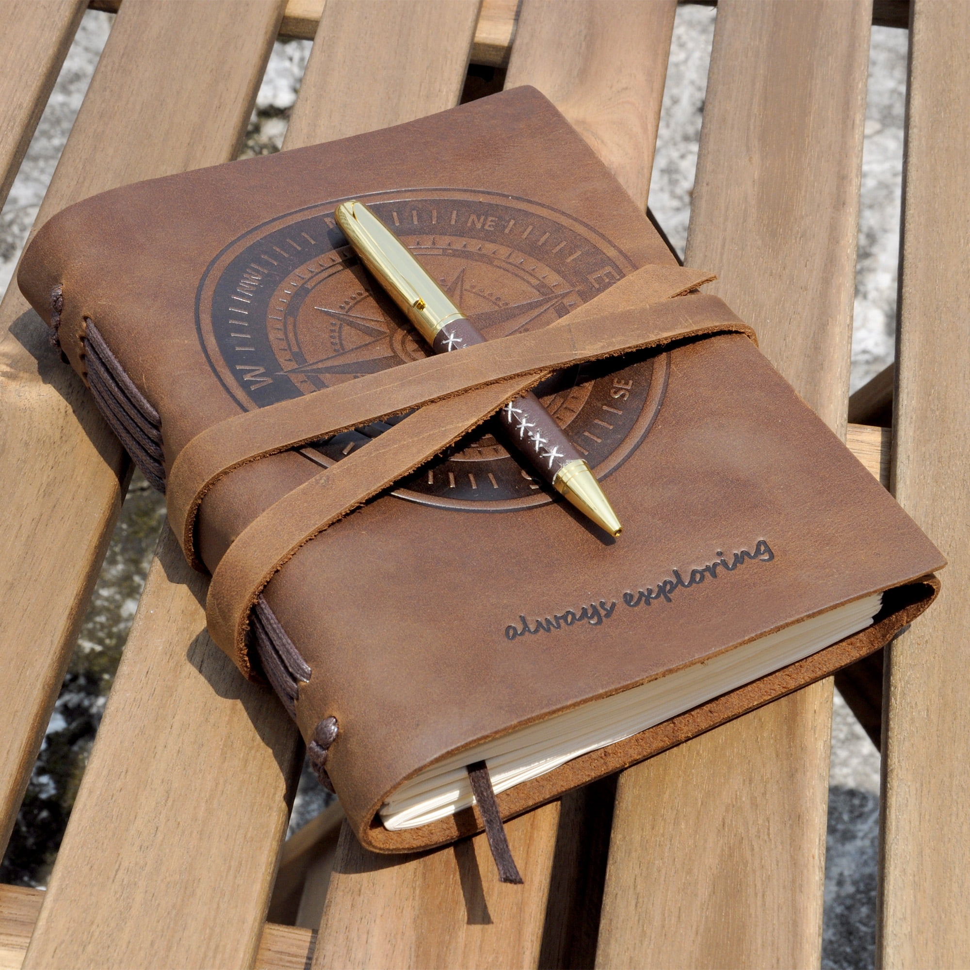 Leather Bound Journal for Men and Women, Handmade Gift Set with Nautical Compass Embossed Journal and Stylish Pen, Vintage and Classic, Notebook, Sketchbook, Planner and Diary (300 Pages) (8x6")