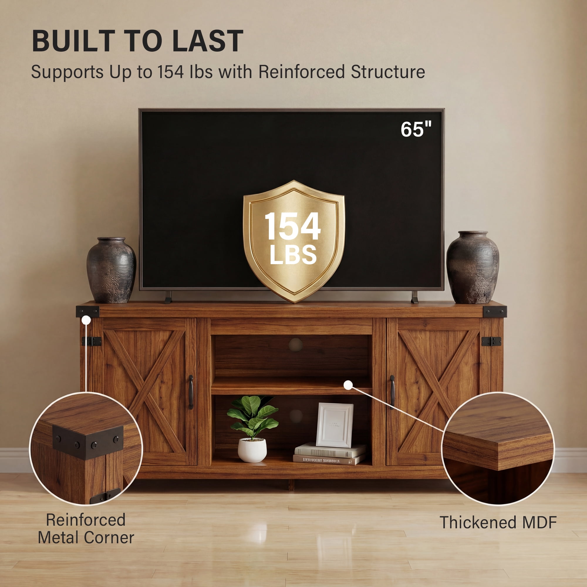 Vineego TV Stand for 65 Inch TVs, Farmhouse Storage Cabinet with Sliding Doors and Cord Management, Rustic Brown