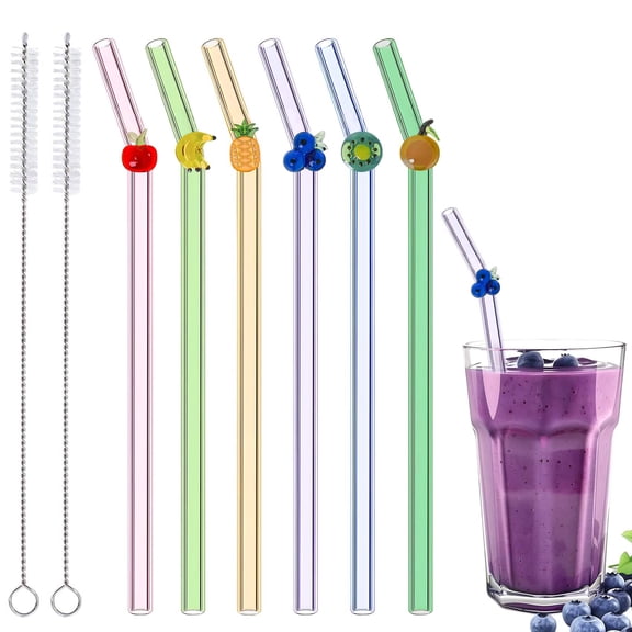 Reusable Glass Straws 6-Pack with Fruit Charms – Borosilicate, Dishwasher Safe, Eco-Friendly