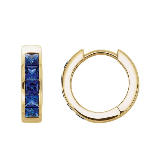14K Yellow Chatham Created Blue Sapphire Hoop Earrings in 14k Yellow Gold
