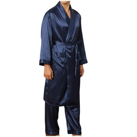 

YWDJ Plus Size Pajamas for Women Men Solid Casual Long Sleeves Lace-up Home Pocket Long Pajama Robe Shorts Blue L