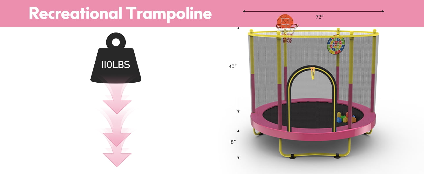 72" Trampoline for Kids with Net,6 FT Indoor & Outdoor Small Toddler Trampoline with Basketball Hoop & Dart Board for Ages 1-8, Gifts for Boys & Girls, Baby Toddler Christmas Toys