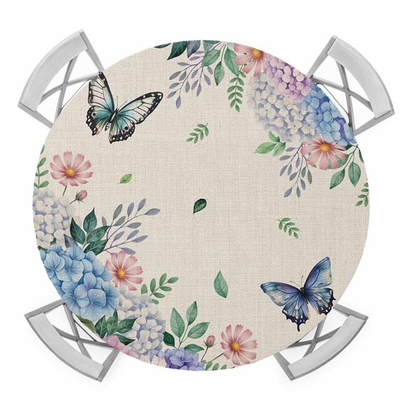 Watercolor Flowers Round Tablecloth for 36-44 Inch Tables,Fitted Table Cover with Elastic Edge,Spring Floral Butterflies Botanical Beige Waterproof Outdoor Table Cloth Protector for Patio Dinner