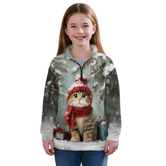 Chaqlin Christmas Cute Cat Girls Quarter zip Up Sweatshirt Lightweight Comfy Casual Pullover Long Sleeve Athletic Sportswear for School Gym Fall Winter Top Size 5-6