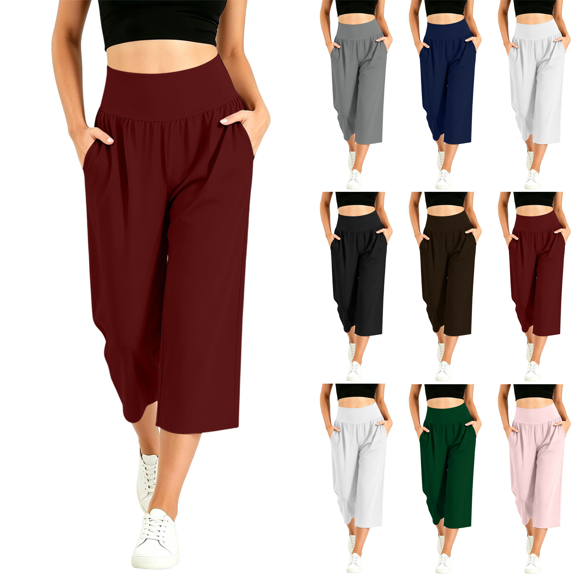 Jopfuhed Women's Wide Leg Yoga Pants Elastic High Waist Tummy Control Capri Pants with Pockets Side Flowy Gym Workout Jogging Pants,Sizes S-3XL