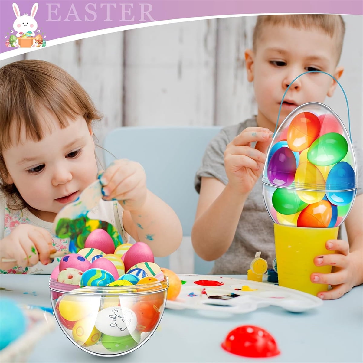 Tutuviw 6 Pcs Giant Clear Easter Egg with Handles, 8 in Large Easter Eggs,DIY Jumbo Easter Egg Fillable Big Bunny for Easter Hunt Game Supplies,Egg Shaped Baskets Containers Decoration