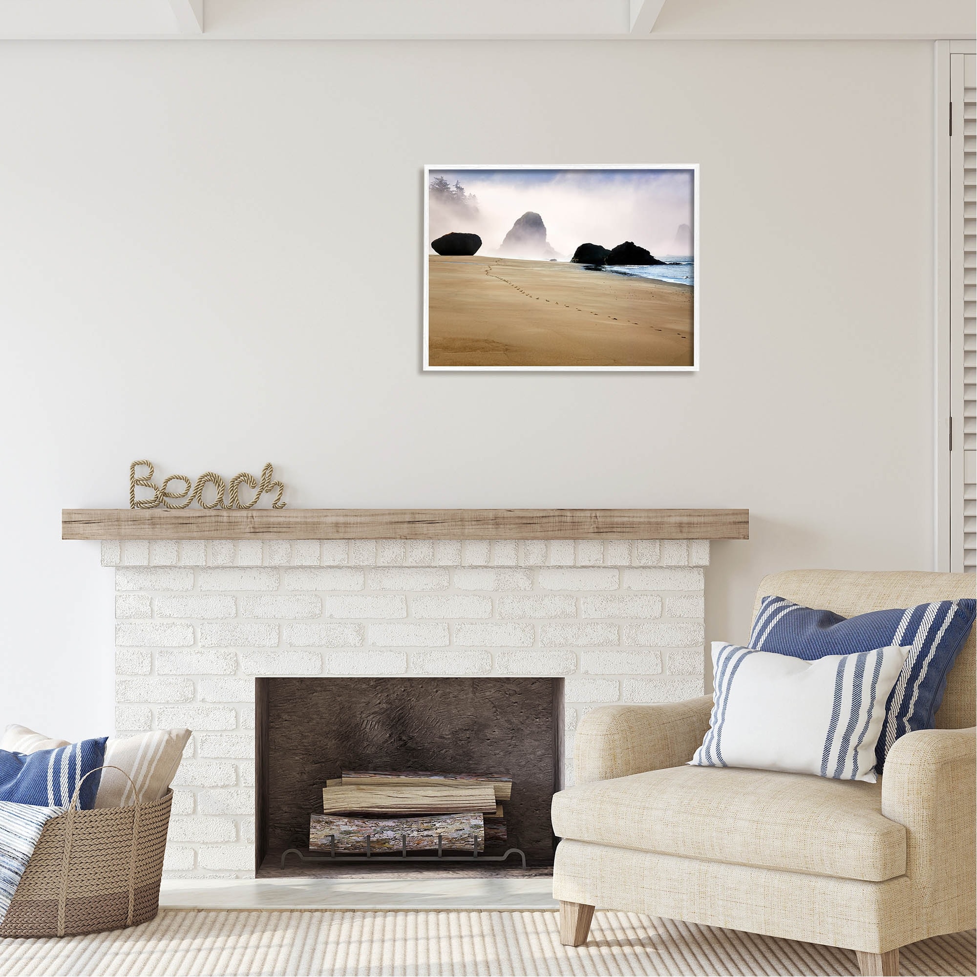 Stupell Industries Beach Sand Footprints Foggy Cliffs Coastal Photography White Framed Art Print Wall Art