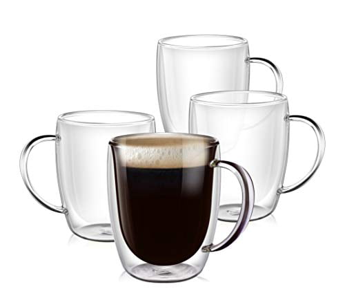 Set of 4,12.9OZ Latte Cups Clear Coffee Mug Double Wall Insulated Coffee Mugs,Perfect size for Drinking Glass Mugs with Big Handle,Glass Coffee Mugs 380ml 